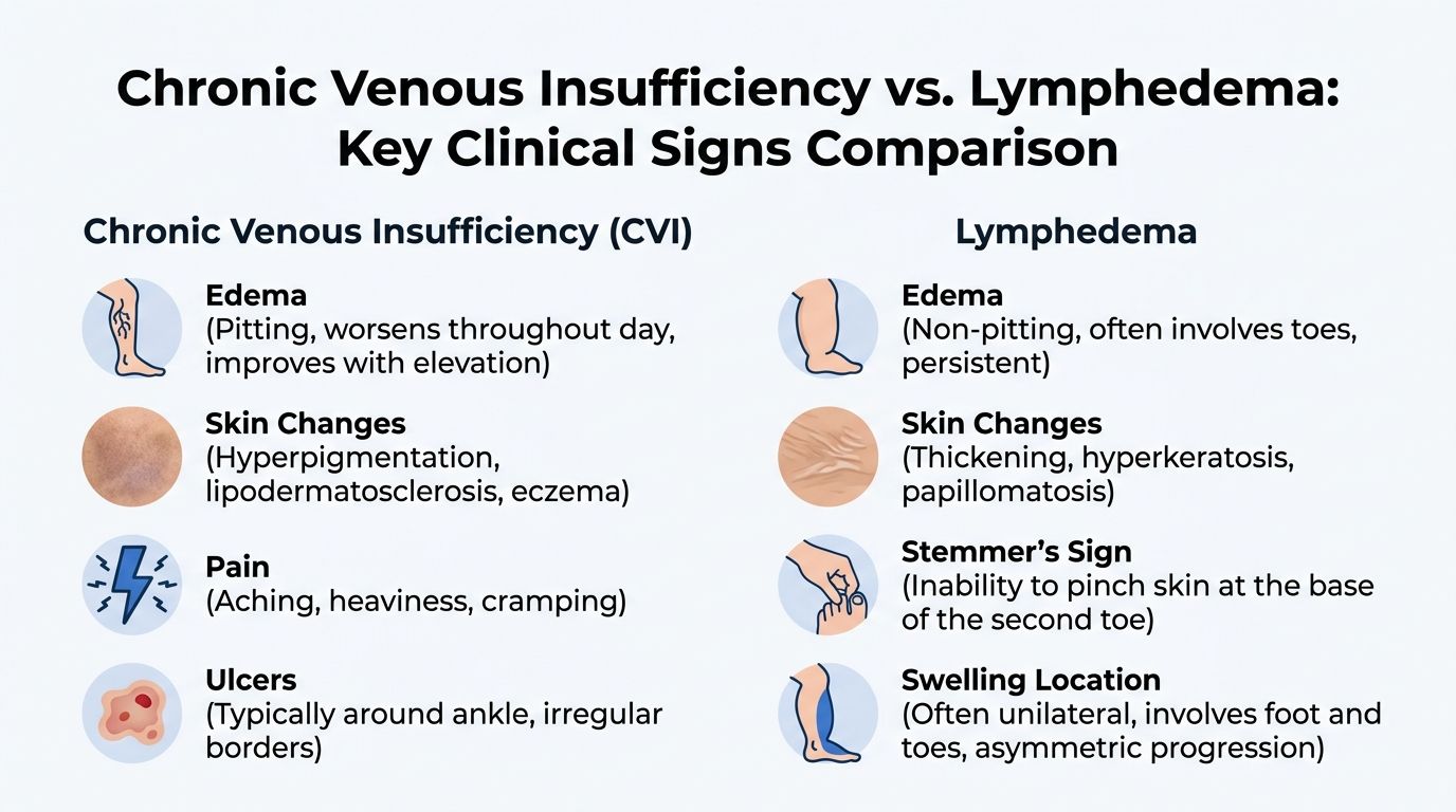 A comparison chart outlining key clinical differences between chronic venous insufficiency and lymphedema for patient education.