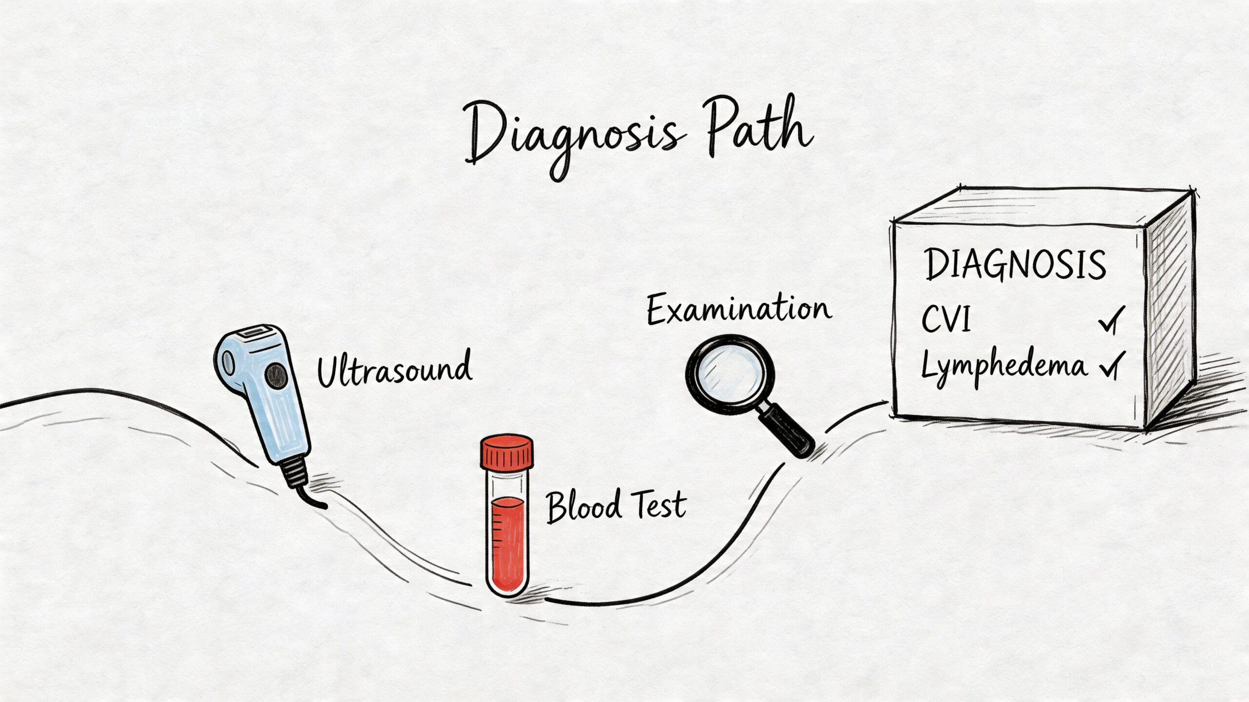 A diagram illustrating the diagnostic path for CVI and lymphedema using ultrasound, blood tests, and physical examination.
