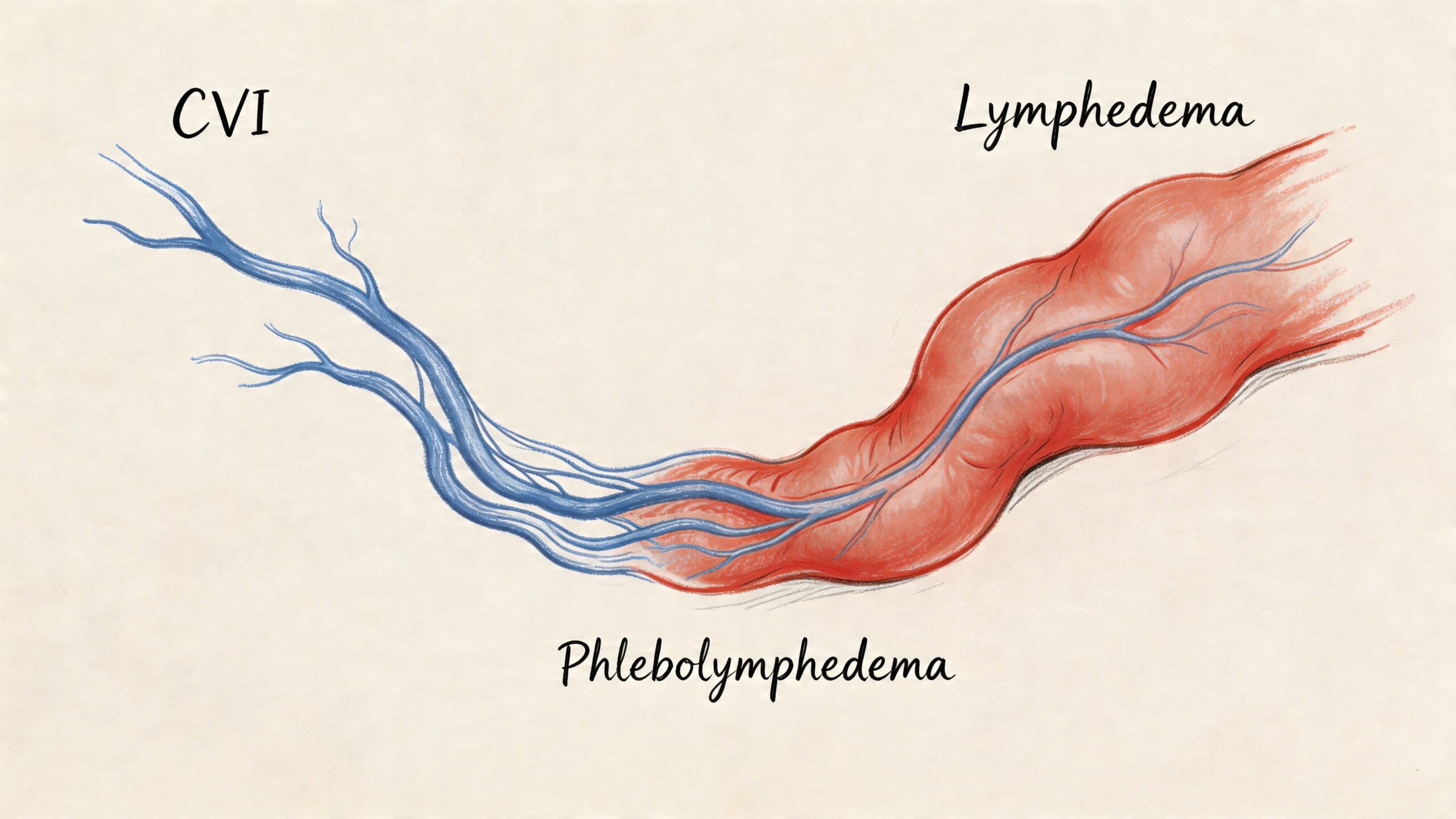 A medical illustration comparing CVI, lymphedema, and the combined condition phlebolymphedema showing vascular and tissue swelling.