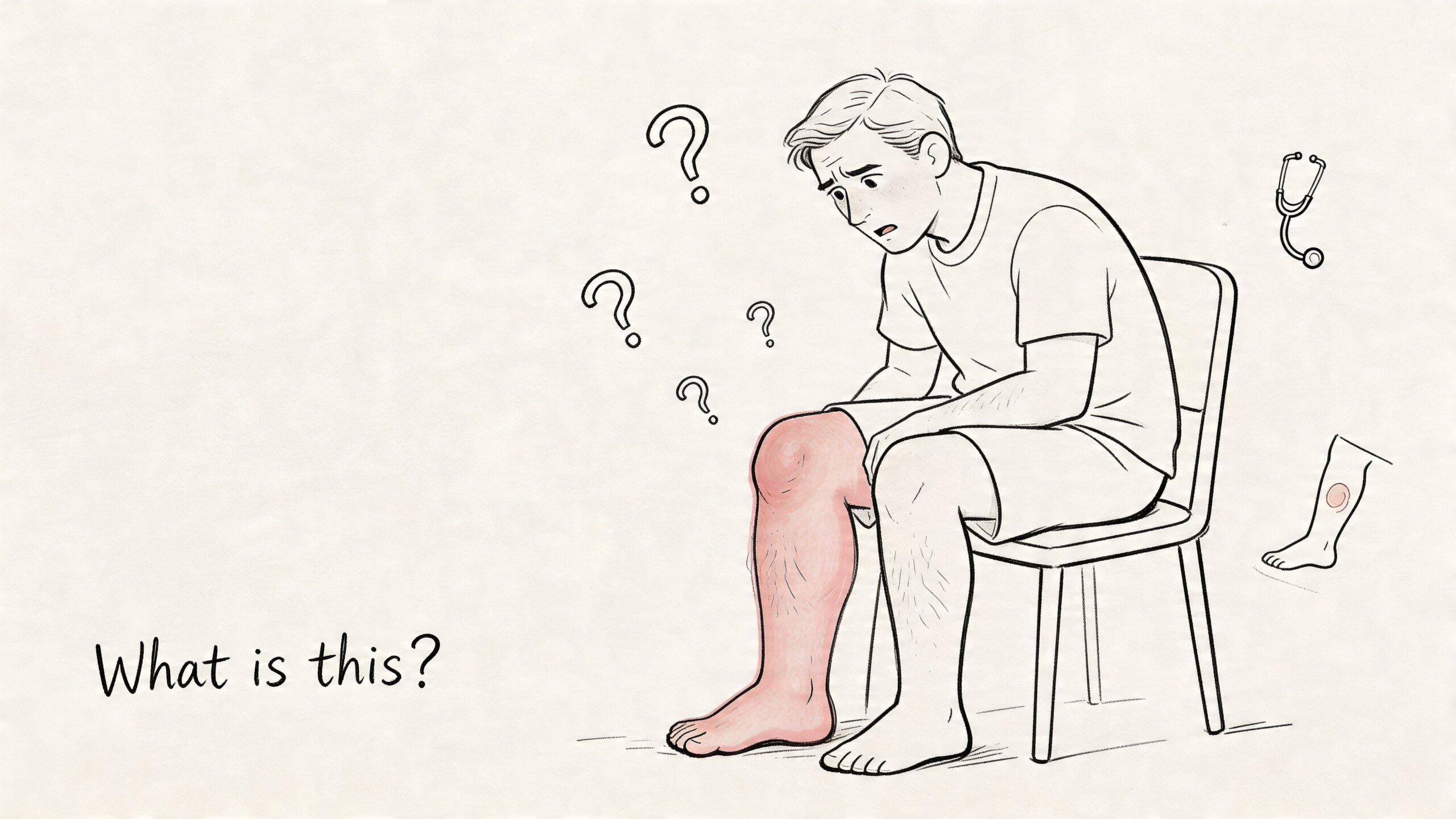 A concerned man sitting on a chair looking at his swollen, red lower leg and foot.