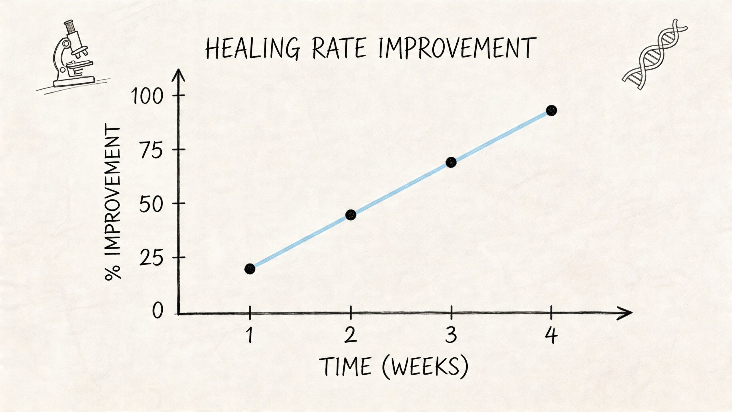 A hand-drawn line graph showing linear progression of healing rate improvement over a four-week period.