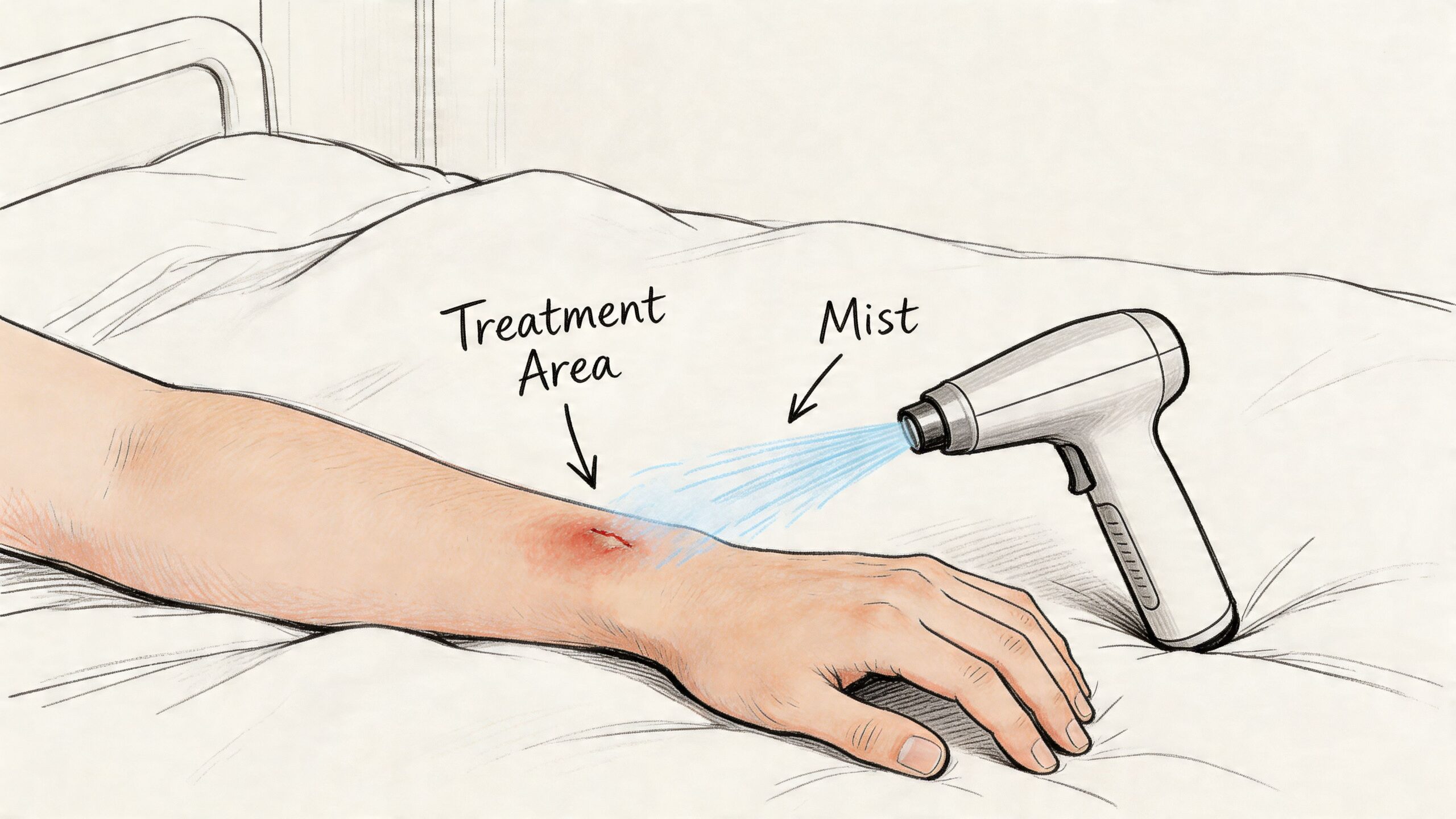 A hand-held medical device sprays a cooling mist onto an injured area on a person's forearm.