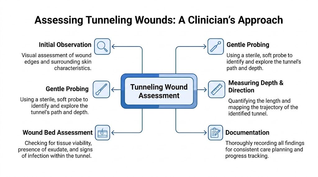 A diagram outlining the clinical steps for assessing tunneling wounds, including observation, probing, measurement, and documentation.