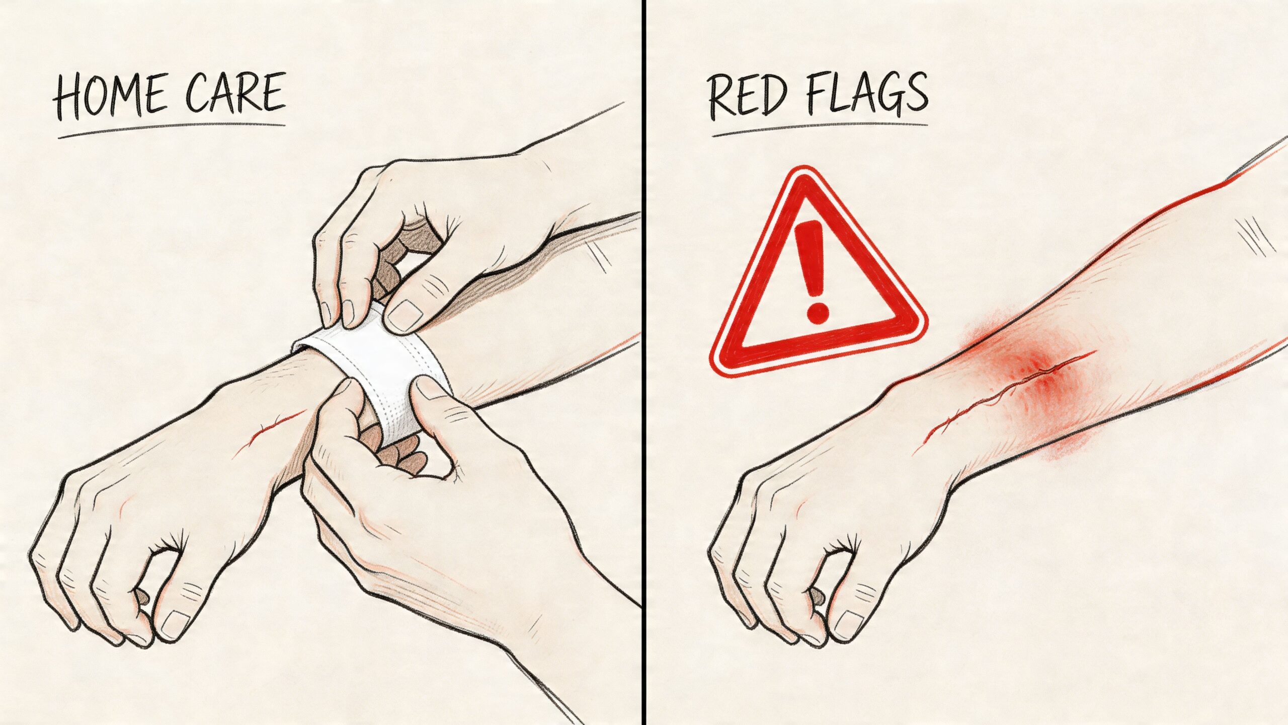 A comparison illustration showing home care for a minor wound and red flags for a serious infection.