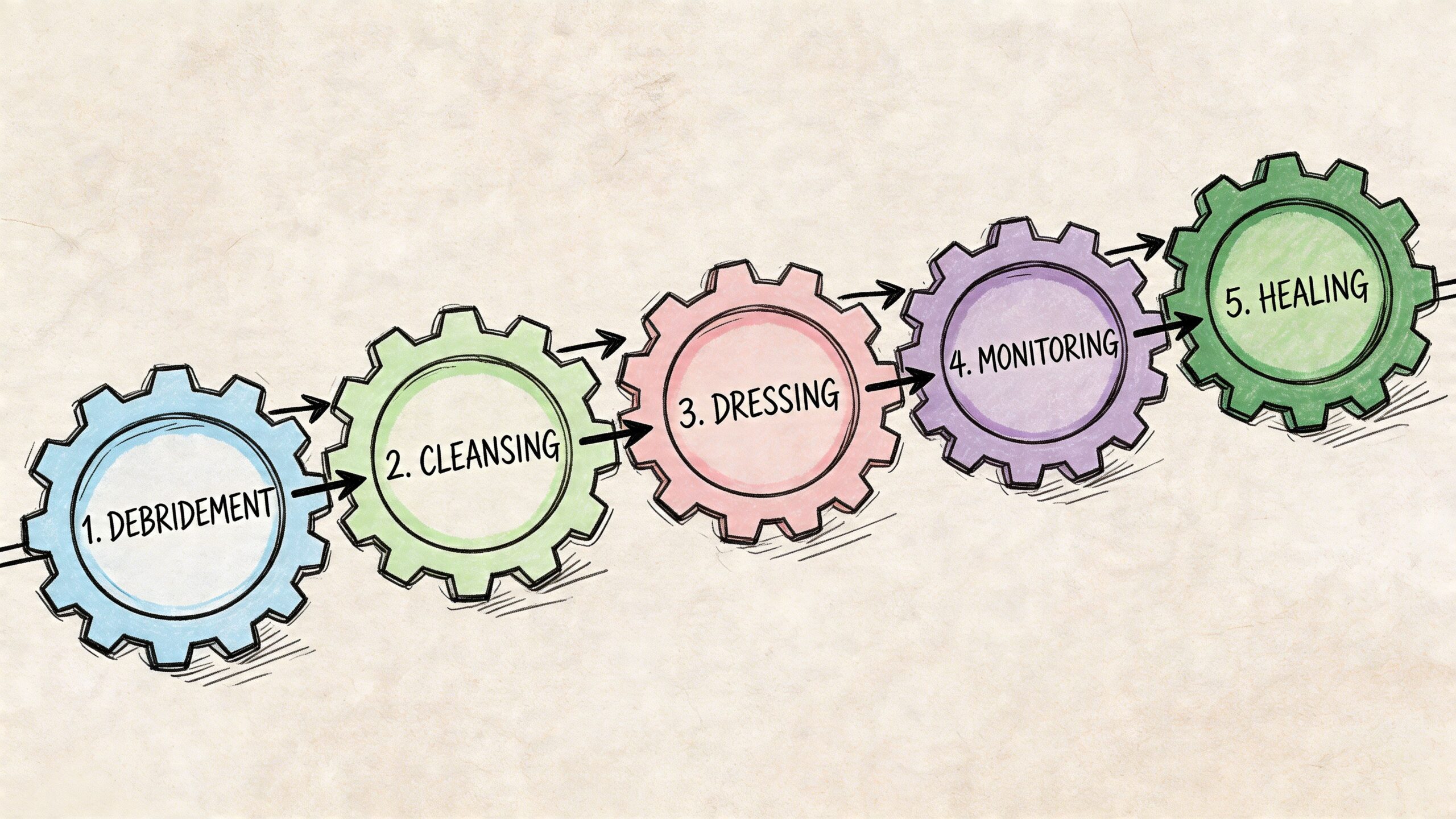 A diagram with five colorful gears in a sequence representing wound care steps from debridement to healing.